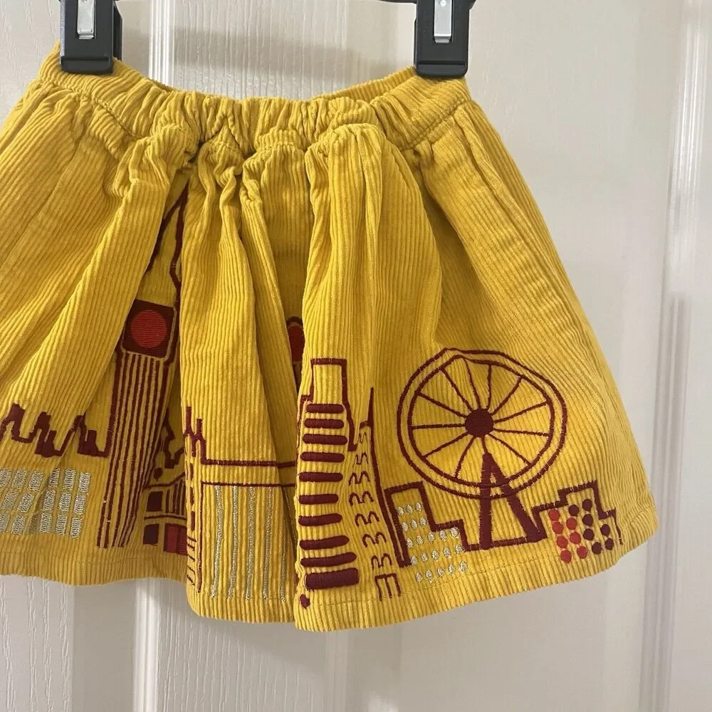 Piccolina Embroidered London Skyline Corduroy Skirt Yellow Girls Size 2T